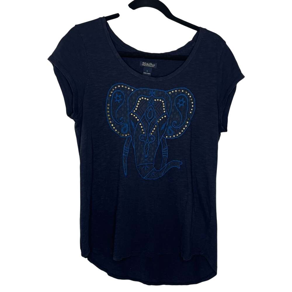 Lucky Brand Womens T-Shirt L Navy Studded Elephant Head Cotton Slub Short Sleeve